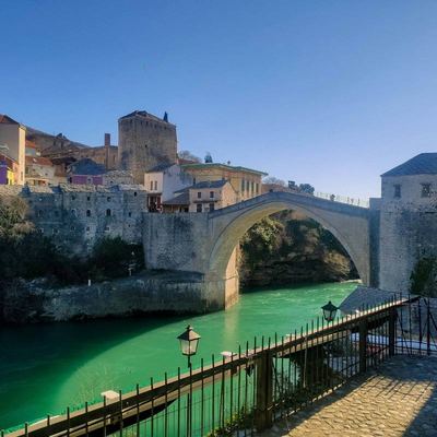 Mostar's Stari Most bridge over the turquoise Neretva River