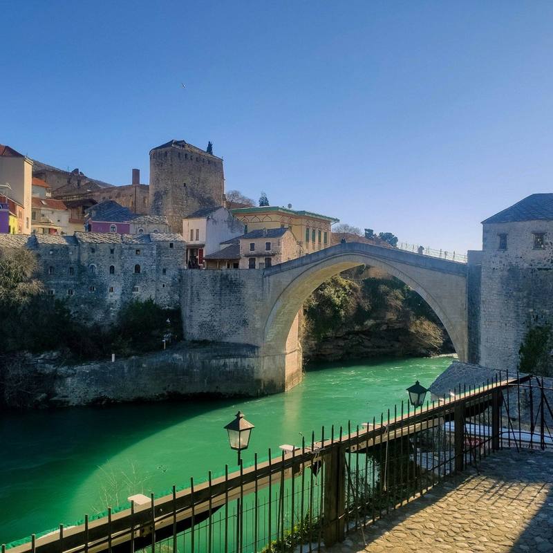 The Old Bridge and the old town of Mostar.