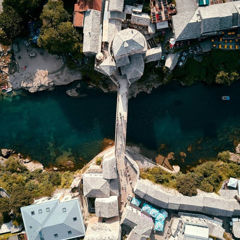 Mostar's Old Bridge and the Neretva seen from directly above.
